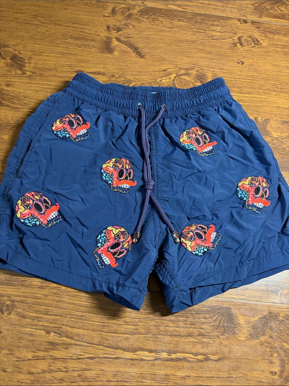 Men's Navy Swim Trunks with Red Skull Embroidery resort wear, cruise
